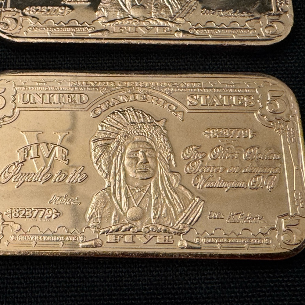 10 - Rare Lakota Chief $5 Silver Certificate 1 AVDP Oz. .999 Fine Copper Bars